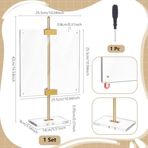 Acrylic Easel Display Stand Adjustable Metal Tabletop Easel Stand with Acrylic Floating Photo Frame 16.5" for Display Picture,Art,Poster,Table Easel for Wedding Home (Gold)
