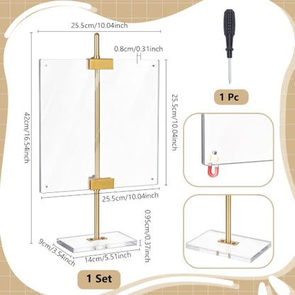 Acrylic Easel Display Stand Adjustable Metal Tabletop Easel Stand with Acrylic Floating Photo Frame 16.5" for Display Picture,Art,Poster,Table Easel for Wedding Home (Gold)