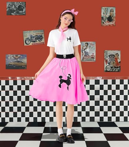 1950s Poodle Skirt Outfit Women 50s Sock Hop Costume T Shirt Accessories - color: Pink, size: Small