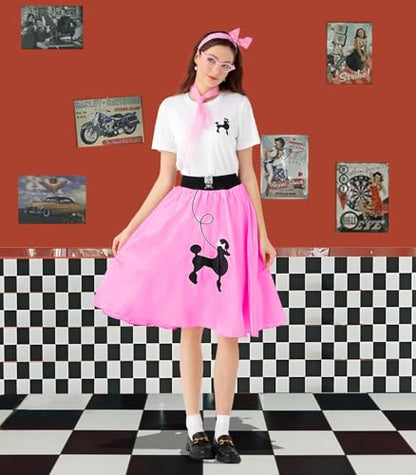 1950s Poodle Skirt Outfit Women 50s Sock Hop Costume T Shirt Accessories - color: Pink, size: Small
