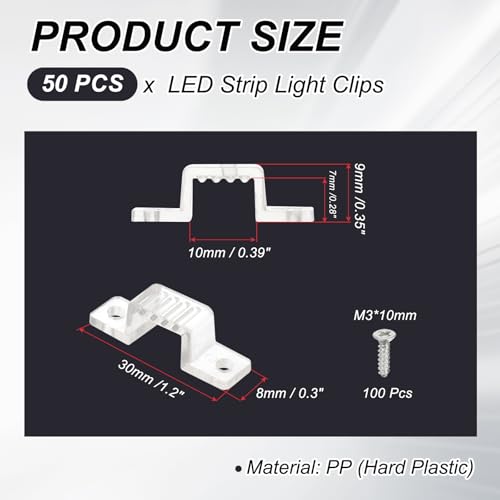 PATIKIL LED Strip Light Clips, 50 Pack Mounting Bracket Soft Fixing Clips Clamp Holders with Screws for 10mm Wide 3528/5050 Neon RGB Light Cable Ribbon, Transparent - size: 10mm