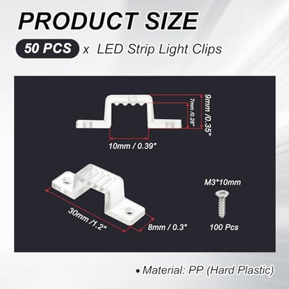 PATIKIL LED Strip Light Clips, 50 Pack Mounting Bracket Soft Fixing Clips Clamp Holders with Screws for 10mm Wide 3528/5050 Neon RGB Light Cable Ribbon, Transparent - size: 10mm