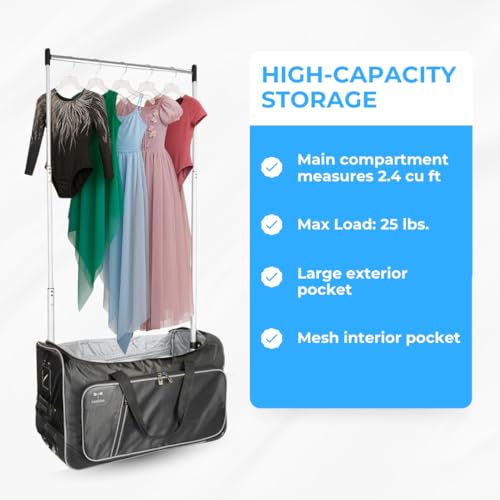Travolution Dance Bag with Garment Rack, 24 Inch Rolling Duffel With Wheels, Ideal for Competitions & Travel, Easy-assembly Lightweight Aluminum Clothes Rack, Wheeled Upright Luggage, Black/Gray - color: Black 24"