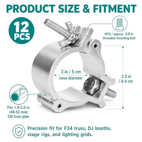 12-Pack Heavy Duty Aluminum Truss Clamps - 2 Inch Pro Stage Light Clamps for 220lb LED Par & Moving Head Fixtures - Fits 1.9-2.0" F34 Pipe for DJ Club & Theatrical Rigging