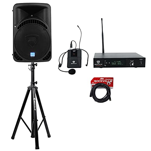 Rockville RPG15BT V2 15" Powered PA Speaker Bundle with Stand and Headset