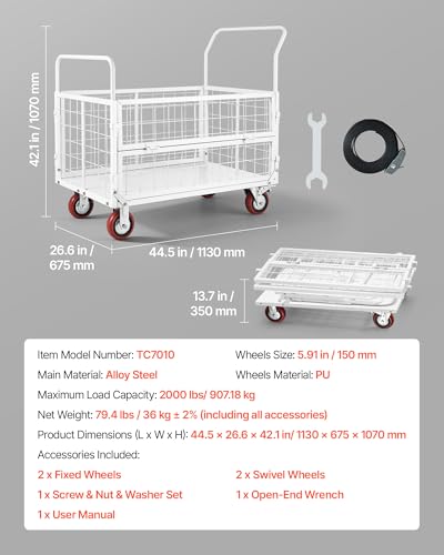 VEVOR Platform Truck Cart with Cage, 2000 lbs Capacity, 6-in-1 Foldable Flatbed Cart with Swivel Wheels, Heavy Duty Hand Truck, Multi-Functional Push Dolly, for Grocery Laundry, 44.5 x 26.6 x 42.1 in - size: 44.5 x 26.6 x 42.1 in/ 1130 x 675 x 1070 mm