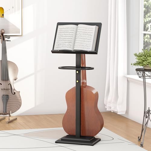 Bamboo Music Stand for Sheet Music -Folding Music Stands Height Adjustable 39.37''-51.2'' with Wide Wooden Bookplate for Conductor Lectern Guitar Violin Piano Ukulele Players (Black)