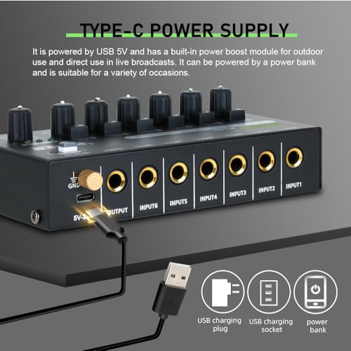 COKYIS Mini Audio Mixer, 6-Channel Stereo Line Mixer for Precision Sub-Mixing, with Ultra Low-Noise Operation, Independent Microphone Control, 1/4" TRS Input/Output-for Guitars, Bass, Stage Mixer