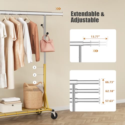 Gewudraw Clothes Rack Heavy Duty 530 LBS Capacity, Portable, Foldable, Gold | Rolling Clothing Rack With 4" Wheels,Shelf, Hooks, Adjustable, Collapsible, Garment Rack for Wardrobe,Bedroom, Laundry Room - color: Gold, style: Single Rod