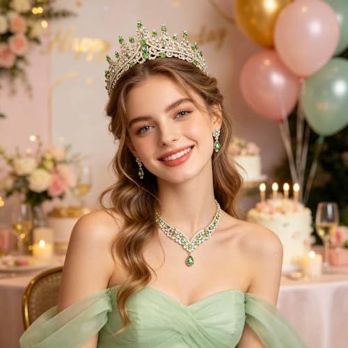 Tiaras Crowns for Women,Wedding Jewelry Set, Tiaras Necklace Earrings Crystal Bridal Wedding Jewelry Sets for Brides Bridesmaid Prom Costume Accessories - color: Gold lack green