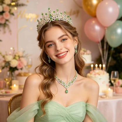 Tiaras Crowns for Women,Wedding Jewelry Set, Tiaras Necklace Earrings Crystal Bridal Wedding Jewelry Sets for Brides Bridesmaid Prom Costume Accessories - color: Gold lack green