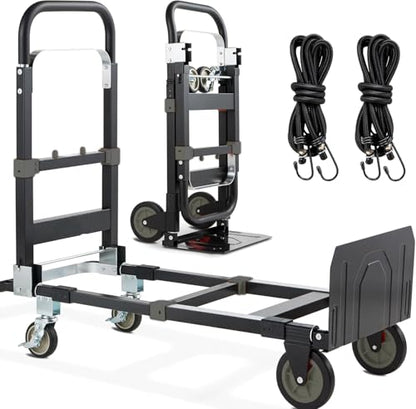 3-in-1 Folding Hand Truck, 600lb Convertible 4 to 2 Wheel Dolly Cart Black | For home office warehouse garage farm gym, carbon steel frame, base expands 35-44in, swivel rubber wheels, folds flat - color: Black
