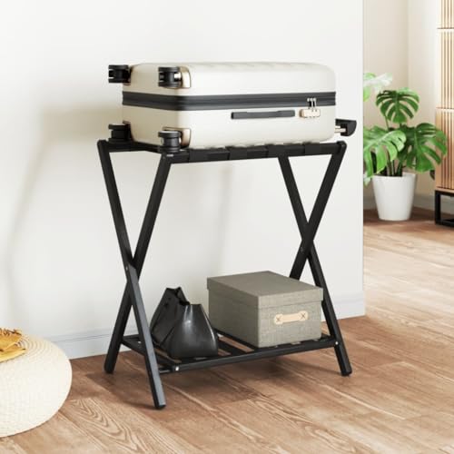 Luggage Rack for Guest Room, Folding Suitcase Stand with Bottom Shelf for Shoes, Sturdy Bamboo Travel Bag Holder, 26.8x15x22.8 Inch, Black - color: Black