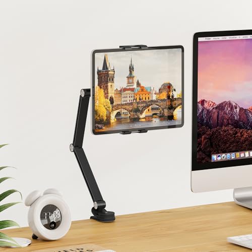Houele Tablet Stand Holder, Adjustable Foldable Tablet Arm iPad Desk Mount with 360°Rotate Base, Phone Holder iPad Stand for Desk and Bed, Compatible with Tablets, Phones or Other 4-15.6" Device - color: Black