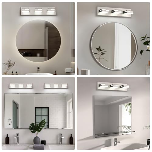3-Light LED Bathroom Vanity Light, 19 Inch Modern Brushed Nickel | Vanity Light Fixture, Dimmable Bathroom Lighting Over Mirror with 350° Adjustable Acrylic Heads, 5500K Daylight White - color: Nickel-5500K-Dimmable, size: 3-Light, 19-inch