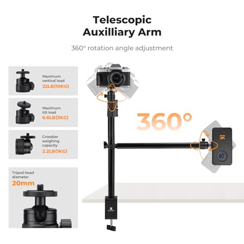 K&F CONCEPT Camera Desk Mount 16"-37" with Arm, 360° Ball Head, Phone Clip | Tabletop C-Clamp Adjustable Light Stand for DSLR, Ring Light, Webcam, Live Streaming, Online Teaching TD02 - style: TD02 w/Arm