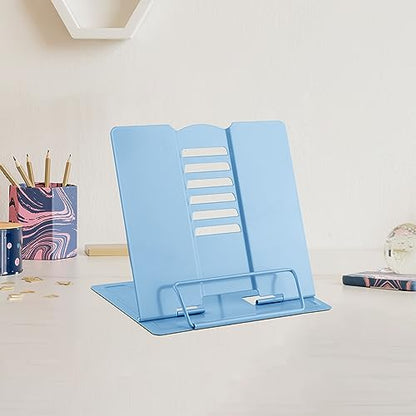 MSDADA Small Desk Book Stand Metal Reading Rest Book Holder | Adjustable Cookbook Documents Holder Portable Sturdy Bookstands for Recipes Textbooks Tablet Music Books(Light Blue) - color: Light Blue