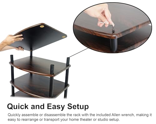 Rockville FLX Dark Wood Adjustable Height 4 Shelf Home Theater Audio Rack Stand, 24"x18", 300lb Limit, Steel Tubes, Perfect for Home Theaters, Studios | 300 lb Capacity, 24"x18" MDF Shelves, Expandable, Lockable Casters, Carpet Spikes, Rubber Feet, Open-A