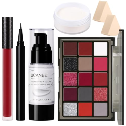 UCANBE Halloween Makeup Kit – 15-Color Red Eyeshadow Palette, White Liquid Foundation, Red Liquid Lipstick, Black Eyeliner, Setting Powder & Sponges Makeup Set for SFX Cosplay Costume Clown Vampire - color: Red Makeup Kit