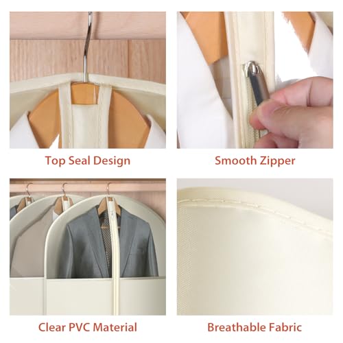 Univivi Garment Bag Suit Bag for Closet Storage, Beige, 40 Inch, Set of 6 | Travel Bag with Zipper and Visible Transparent Window, Oxford Fabrics, Foldable Washable Suit Cover for Jacket, Suits, Coats - size: 24"X40"-6pcs - Beige