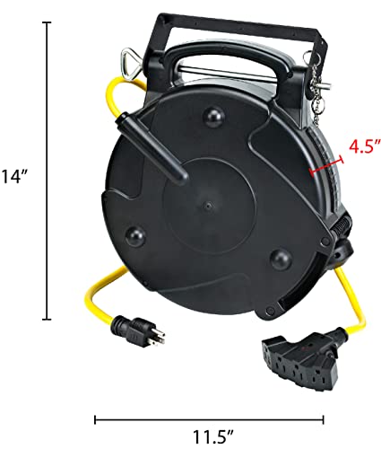 Alert ProReel Professional Grade ProReel 8665TFQ Heavy Duty Retractable Extension Cord Reel | 65 Foot 12/3 SJTOW 15 Amp Quad-Tap Industrial Cord | Four 5-15R Receptacles with Power On Indicator