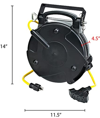 Alert ProReel Professional Grade ProReel 8665TFQ Heavy Duty Retractable Extension Cord Reel | 65 Foot 12/3 SJTOW 15 Amp Quad-Tap Industrial Cord | Four 5-15R Receptacles with Power On Indicator