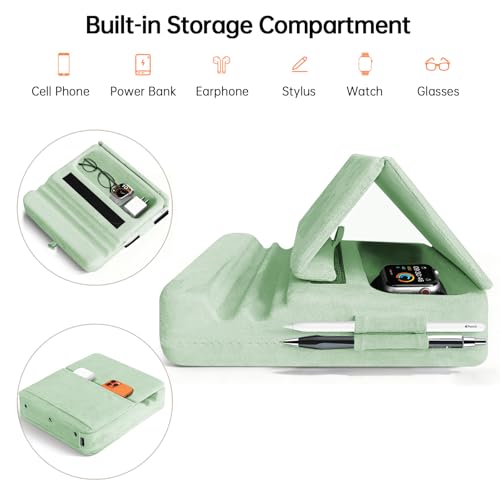 Tablet Pillow Stand with Storage, Foldable iPad Holder for Lep, Bed, Sofa, and Desk - Soft Pad Dock with Pocket and Stylus Mount Compatible with 4-13" iPad Pro/Air/Mini, Galaxy Tab, Kindle - color: Green