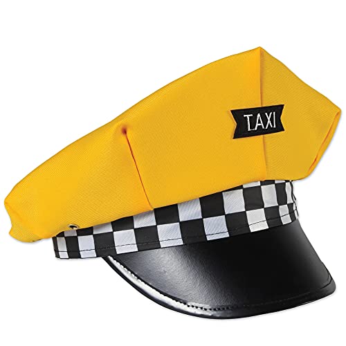 Beistle Taxi Hat – Retro Yellow Fabric Oversized Costume Cap with Black Visor, Checkerboard Band and Taxi Patch for Halloween, 1980s Theme Parties, New York City Cabbie Events and Theatrical Plays