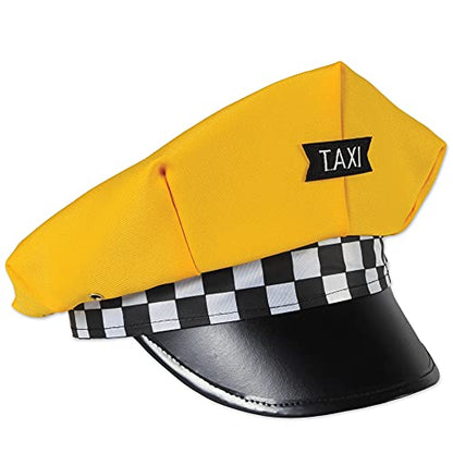 Beistle Taxi Hat – Retro Yellow Fabric Oversized Costume Cap with Black Visor, Checkerboard Band and Taxi Patch for Halloween, 1980s Theme Parties, New York City Cabbie Events and Theatrical Plays