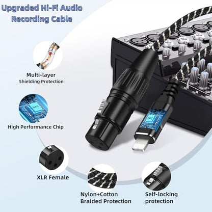 XLR to i Phone Microphone Cable,6.6FT XLR Female to Light ning Microphone Cable for Dynamic Microphones or Recording Karaoke Sing,Compatible with i-Phone 14/13/12 pro max,i-Pad 9/8/7