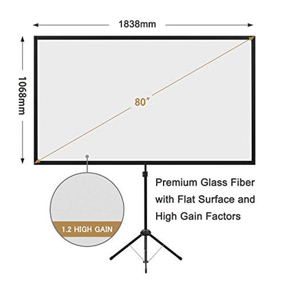Portable Projector Screen with Stand, Outdoor Movie Screen, 80 Inch 16:9, Light-Weight, Mobile and Compact, Easy Setup and Carrying, Projection Screen with 1.2 Gain Glass Fiber, Idea for Home Cinema. - size: 80 inch