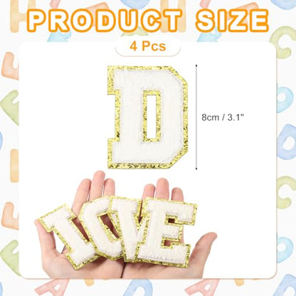 MECCANIXITY Chenille Letter Patches 3.1" Alphabet D Iron on Embroidered Patch Sew on Letter Stickers Applique for Repairing Clothing Jeans Shoes Hats DIY(White, Pack of 4) - style: Letter-D
