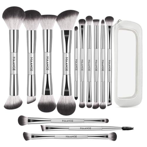 MAANGE 13 Pcs Foundation Makeup Brush Set With Bag, Make up Brushes, Double-End Multi Functional Makeup Brushes, Professional Face Brush Set Tools For Liquid Powder Concealer Cream Blush (Silver) - color: Silver