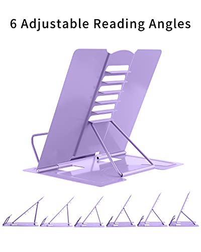 MSDADA Book Stand Metal Reading Rest Book Holder Adjustable Cookbook Documents Holder Portable Sturdy Bookstands for Recipes Textbooks with Page Clips Birthday Gifts for Girls Mom Students(Purple) - color: Purple
