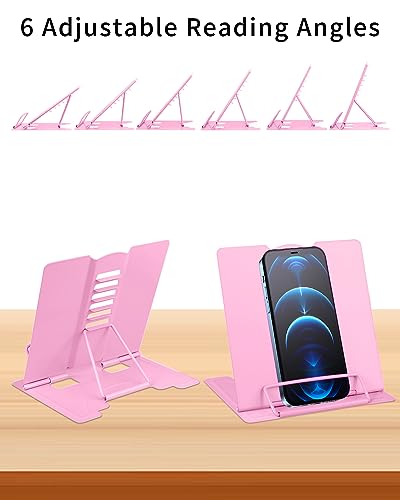 MSDADA Small Desk Book Stand Metal Reading Rest Book Holder | Adjustable Cookbook Documents Holder Portable Sturdy Bookstands for Recipes Textbooks Tablet Music Books(Pink） - color: Pink