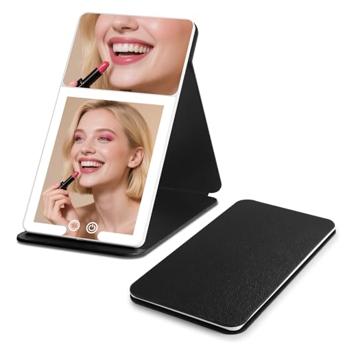 Upgraded Foldable Led Makeup Vanity Mirror with 20X Magnifying, Ultrathin 72 Led Lights Compact Tabletop Mirror, 3 Color Modes, Dimmable Touch Screen LED Mirror Travel- Cool Black