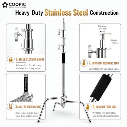C Stand with Boom Arm, 9.18ft/280cm Heavy Duty Stainless Steel Photography Light Stand | 40.6in Holding Arm, 2 Grip Heads, Turtle Base, 4 Spring Clamps, Sandbag & Carry Bag for Studio Video Lighting - size: M280 CSTAND + BAG + SANDBAG + 4PCS CLAMPS