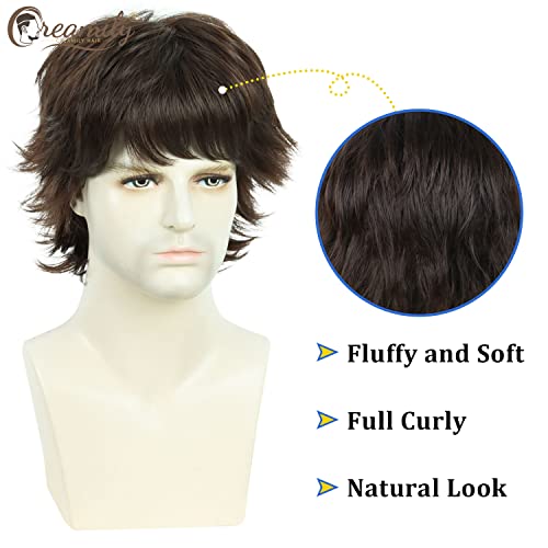 Creamily Mens Brown Wig Wolf Cut Mullet Wig Short Synthetic Hair Wigs Natural Looking Heat Resistant Fluffy Layered Mens Wigs for Halloween Cosplay Costume - color: H-Mullet Brown