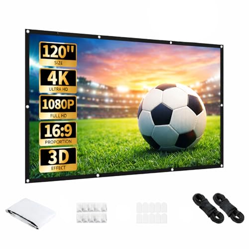 Aurzen 120-Inch Projector Screen, 16:9 4K HD, Foldable Anti-Crease, Portable Double-Sided Screen for Indoor/Outdoor Home Theater & Backyard, White (120 inches) | Foldable Anti-Crease, Portable Double-Sided, Indoor/Outdoor Home Theater & Backyard