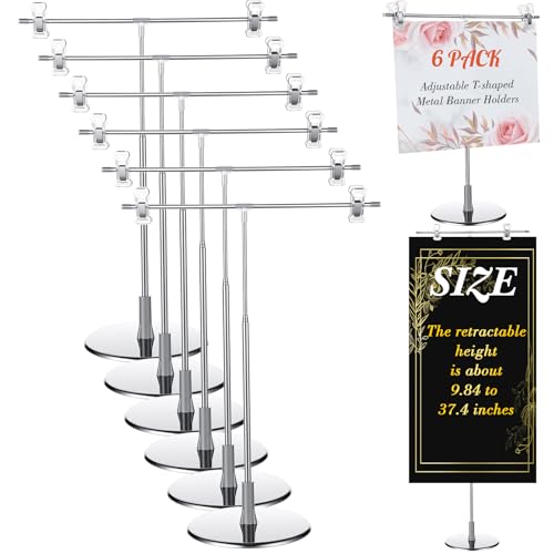 6 Pcs Adjustable Table Banner Stand Table Top Banner Metal T-shaped Display Poster Holder Advertising Business Store Counter Desktop Holder 9.84" to 37.4" Height for Birthday Wedding Show