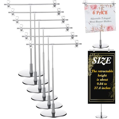6 Pcs Adjustable Table Banner Stand Table Top Banner Metal T-shaped Display Poster Holder Advertising Business Store Counter Desktop Holder 9.84" to 37.4" Height for Birthday Wedding Show