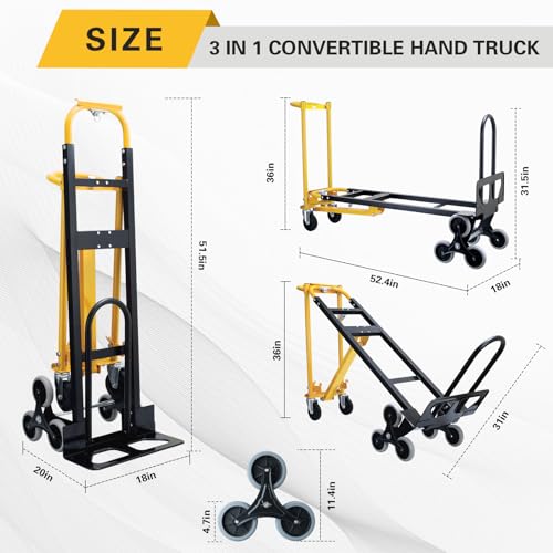 3 in 1 Stair Climbing Dolly Cart with Wheels,1000LBS(Yellow) | Stair Dolly Climber Heavy Duty,Convertible Hand Truck Dolly for Stairs for Moving,Transport in Warehouses,Office - color: Yellow