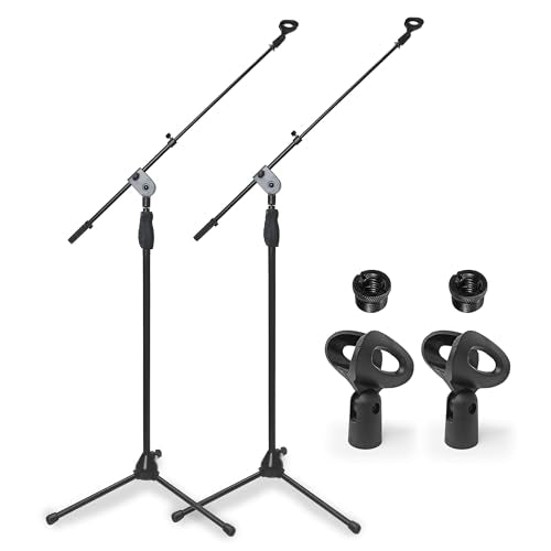 AxcessAbles One-Handed Quick Release Microphone Stand. 74" Height Clutch Adjustment Tripod Mic Stand with 35" Boom Arm. For Singing, Studio and Instruments (2-Pack)