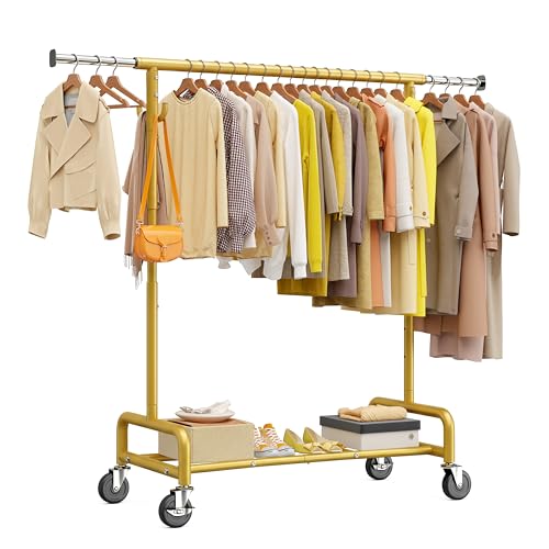 Raybee 75"W Heavy Duty Clothes Rack 450 LBS Rolling Garment Rack with Shelf | Extra Wide, Expandable, Height Adjustable, Tool-free Assembly, 360° Lockable Wheels, Bedroom Laundry Room - color: Gold, style: Rod Shelf