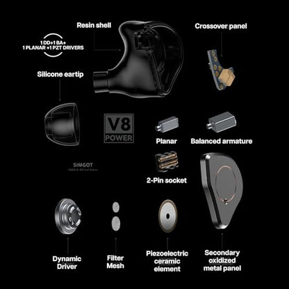 Linsoul SIMGOT SuperMix 4 1DD+1BA+1Planar+1PZT Hybrid Driver in Ear Monitor | HiFi Wired Gaming Earbuds IEM with Balanced Neutral Tuning, OFC Silver-Plated Cable for Musician Audiophile