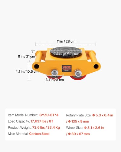 VEVOR 4PCS Machinery Skates Dollies, 17,637 lb Heavy Duty Equipment Moving Skates with 4 PU Wheels, 360° Rotation Non-Slip Cap, Low-Profile Industrial Mover Rollers for Factory, Warehouse, Workshop - size: 4 Packs-PU Wheels