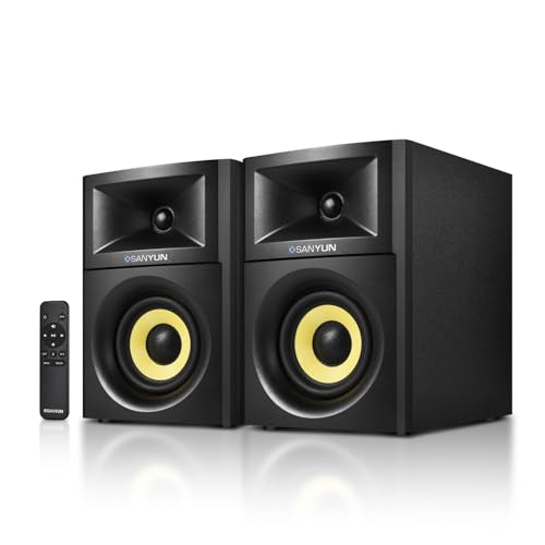 Sanyun SW205 2.0 Bookshelf Speakers, Room-Filling Expanded Stage, Dual-DSP | Built-in 24bit DAC, Bluetooth 5.4/Optical/AUX, 80W 4" Glass Fiber Woofer & Silk Dome Tweeter, Wireless RF Remote (Pair,Black) - color: Black