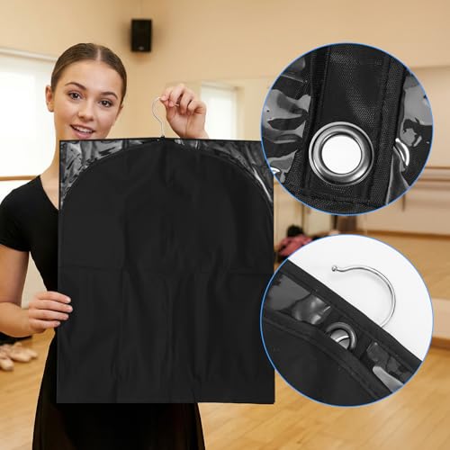 10 Pack Garment Bags for Dance Costumes, 40" Garment Bags for Hanging Clothes with 3 Clear Zipper Pocket, Waterproof Cheer Uniform Garments Bag for Dance Competition, Travel, Closet Storage (Black)
