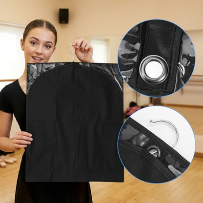 10 Pack Garment Bags for Dance Costumes, 40" Garment Bags for Hanging Clothes with 3 Clear Zipper Pocket, Waterproof Cheer Uniform Garments Bag for Dance Competition, Travel, Closet Storage (Black)
