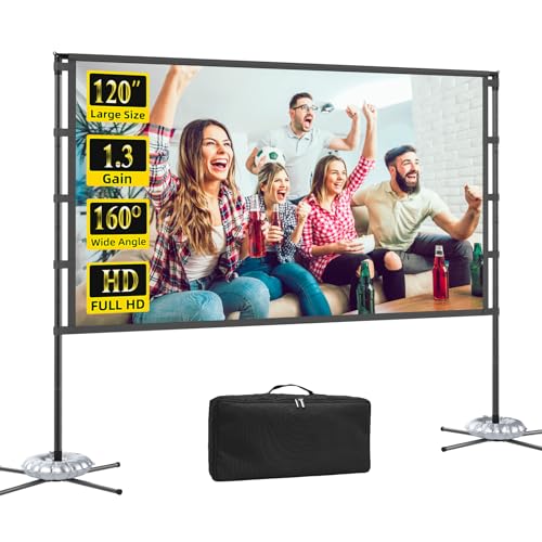 Outdoor 120-inch Projector Screen with Stand, Portable Foldable Indoor Movie Screen 16:9 HD 160° Viewing Double-Sided Projection Screen Suitable for Home Theater, Backyard, Party, Camping